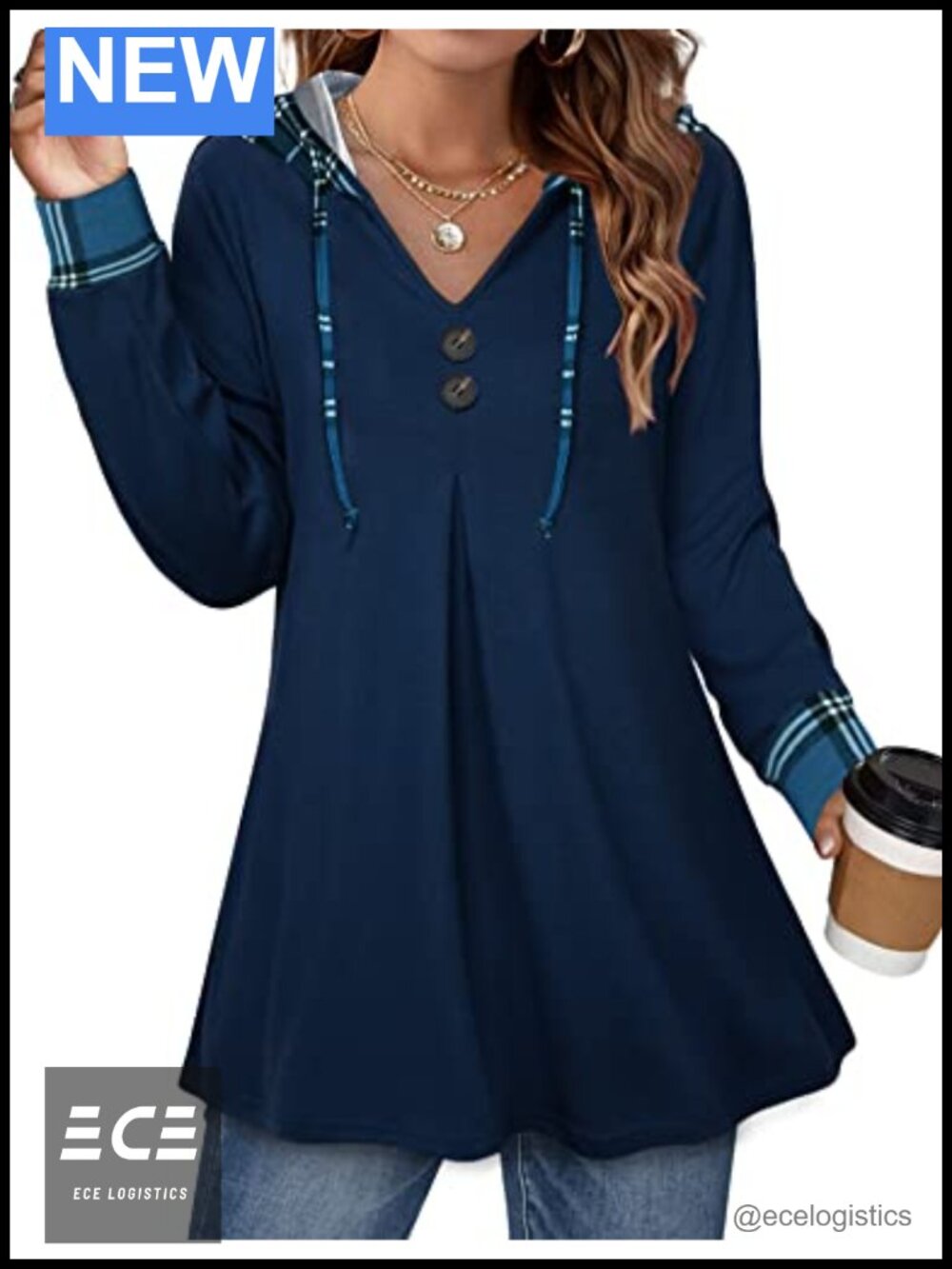 Lotusmile Long Sleeve Hooded Tunic Top Button Swing Pullover Hoodie
